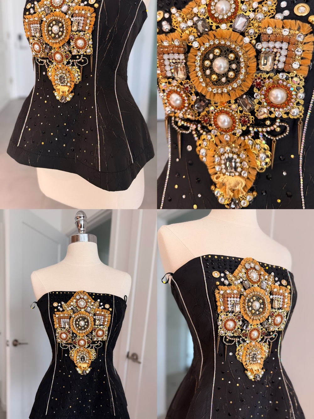 Embellished Black Strapless Corset Top with Gold Beaded Appliqué